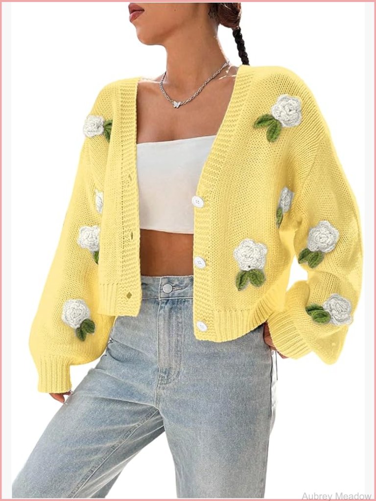 Women's Floral Button Up Cropped Crochet Cardigan Boho Knit Sweater Long Sleeve